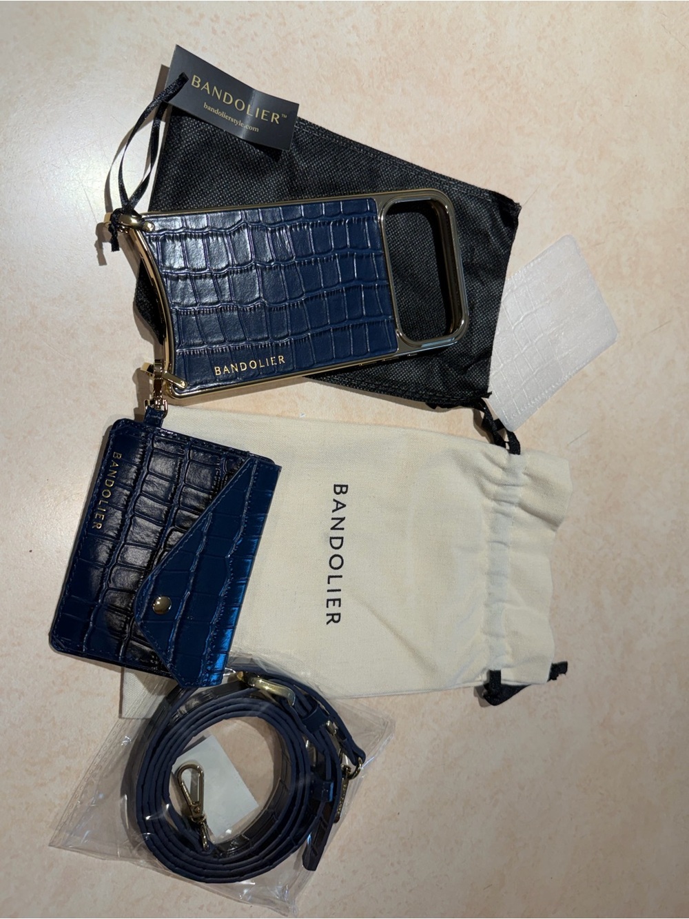Bandolier Navy Croc Phone Crossbody with Gold Hardware and Card Case